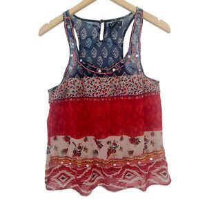 OPPA!  Sleeveless Blouse Size Large Red White Blue Boho Sequins